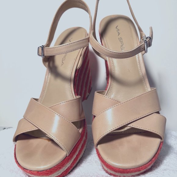 Via Spiga-Women's Wedge Straw Coral & Tan Leather Sandals-4" Heels-Sz. 7M-Unique - Picture 10 of 10